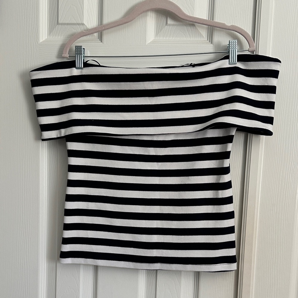 Banana Republic Black & White Striped Off-Shoulder Crop Top